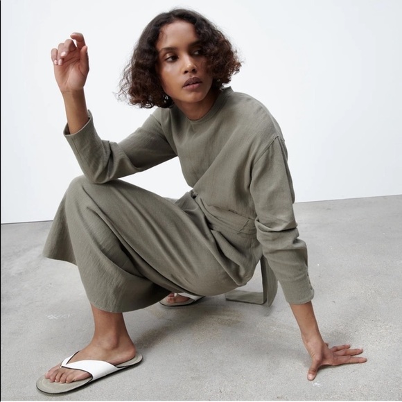 ZARA Linen Blend Midi Dress with Tie Belt - Picture 2 of 5